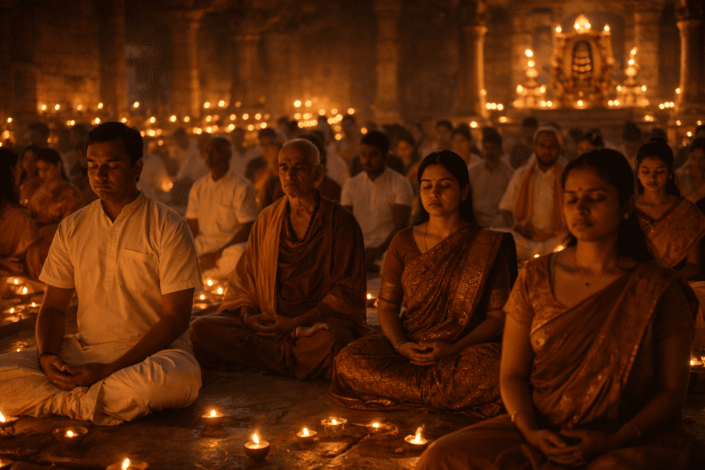 Devotees meditating during Maha Shivaratri night