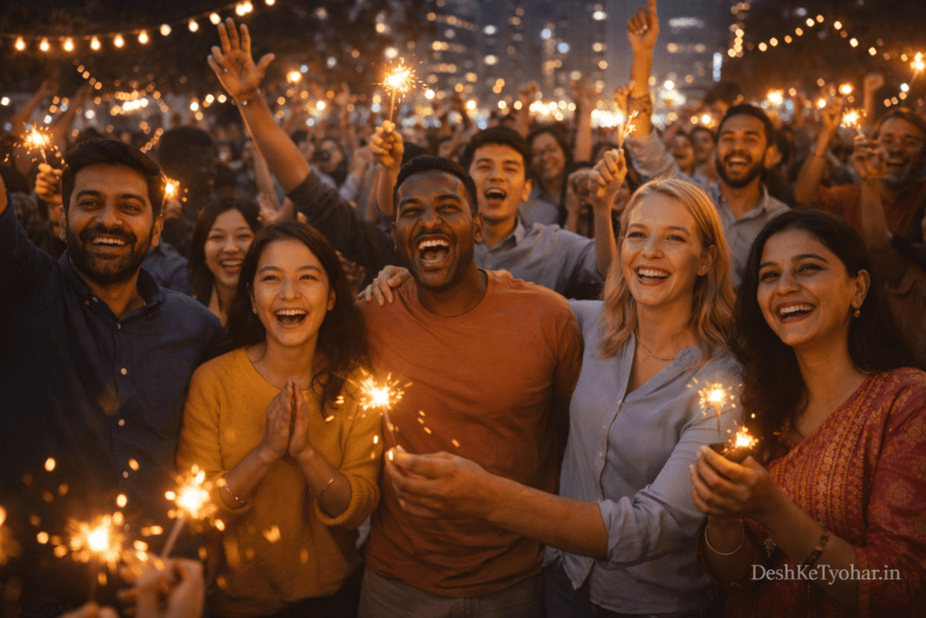 People around the world celebrating Happy New Year together